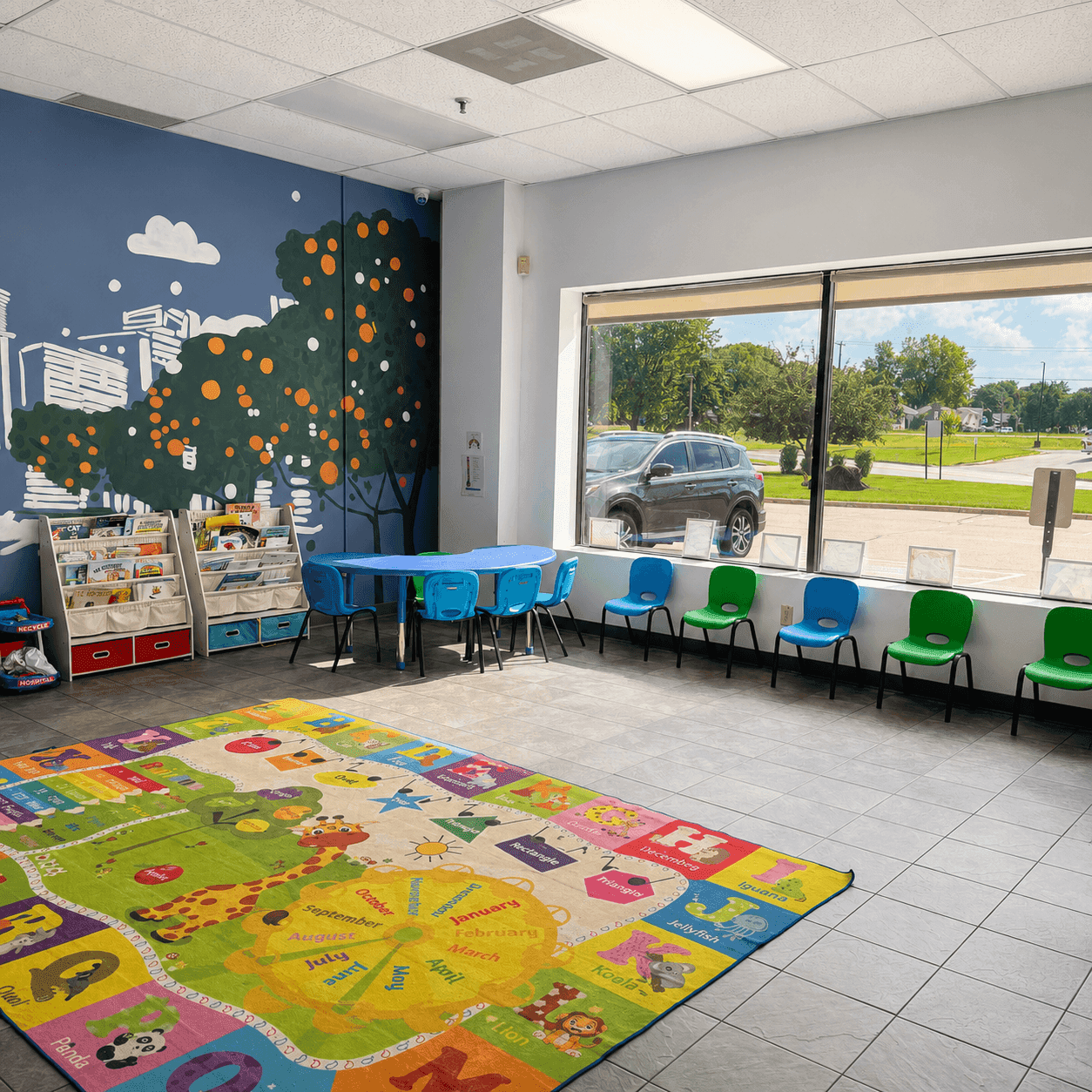 A bright learning room with a painted Minneapolis skyline mural, a low table, and a large window onto the street
