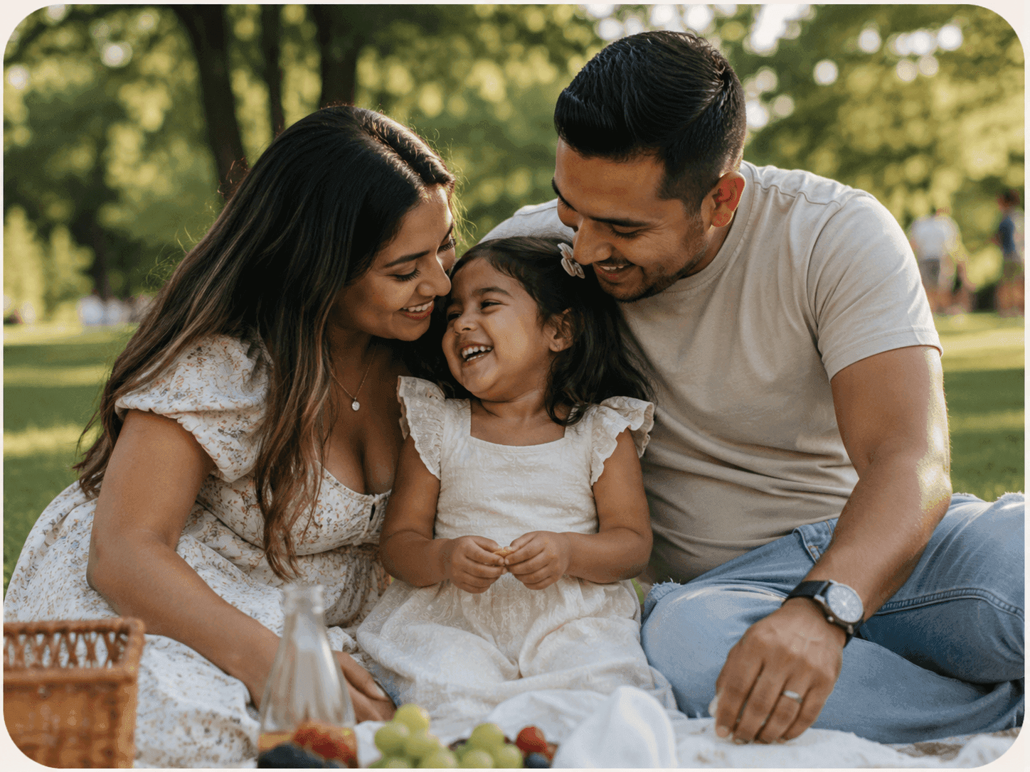 A mother and father laughing with their young daughter at a park picnic